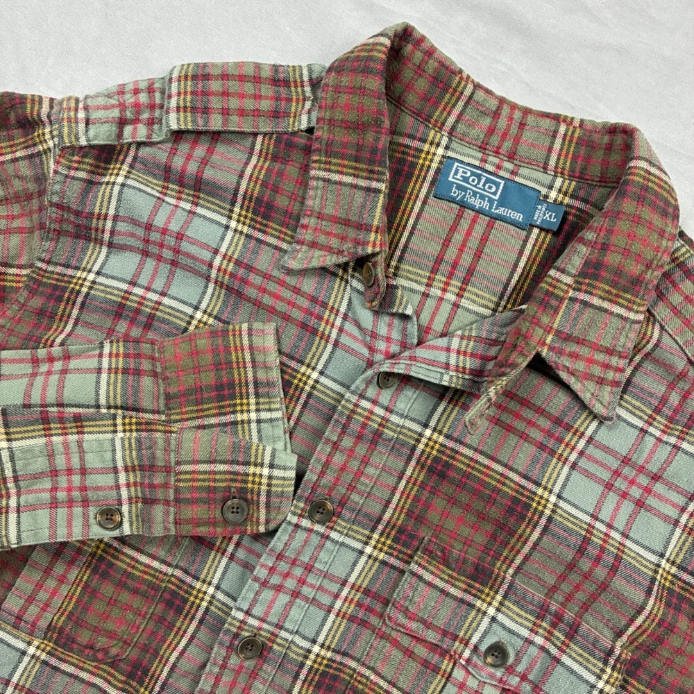 Polo Ralph Lauren Flannel Shirt XL Green Red Plaid Button Up Workwear Western
